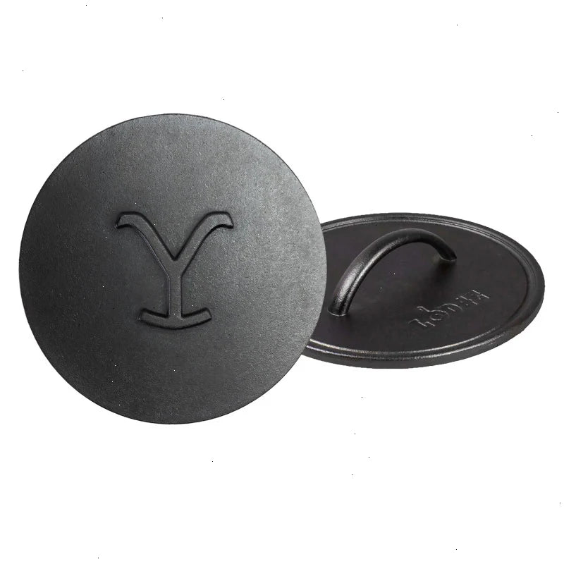 Yellowstone™ 8 Inch Round Seasoned Cast Iron “Power Y” Grill Press - View 2