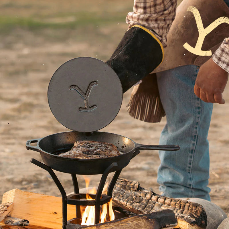 Yellowstone™ 8 Inch Round Seasoned Cast Iron “Power Y” Grill Press - View 4