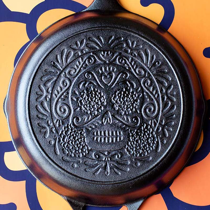 10.25 Inch Seasoned Cast Iron Sugar Skull Skillet - View 3