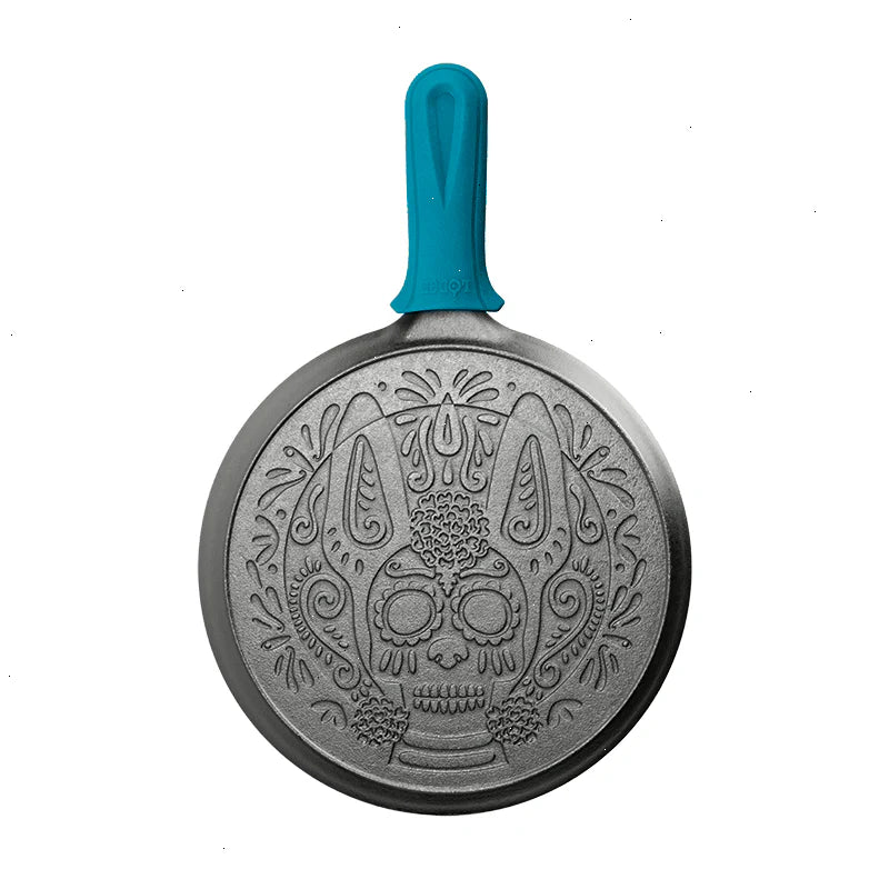 10.5 Inch Seasoned Cast Iron Xolo Sugar Skull Griddle with Deluxe Handle Holder - View 2